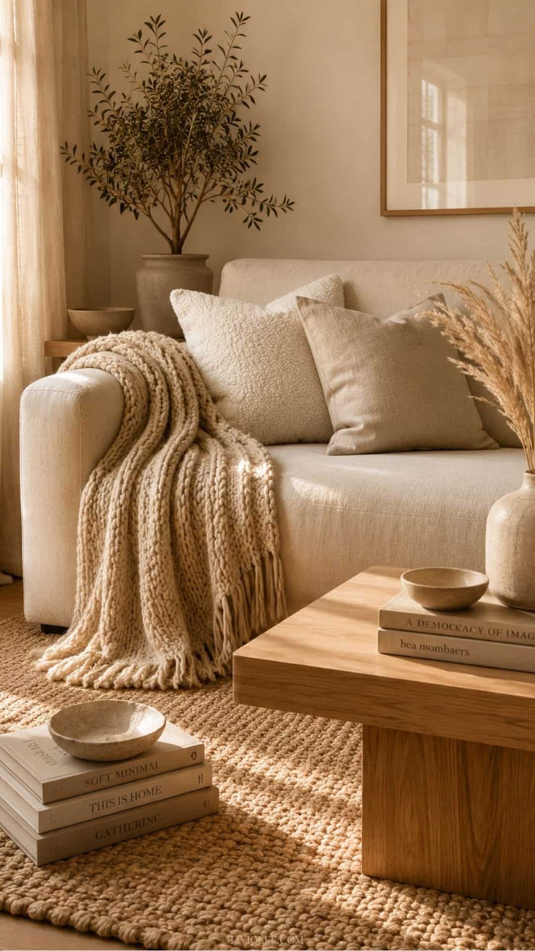 Warm minimalist living room corner featuring a cream linen sofa with a chunky knit throw, boucle and linen cushions, a light oak coffee table, a ceramic vase filled with dried pampas grass, stacked neutral-toned books on a jute rug