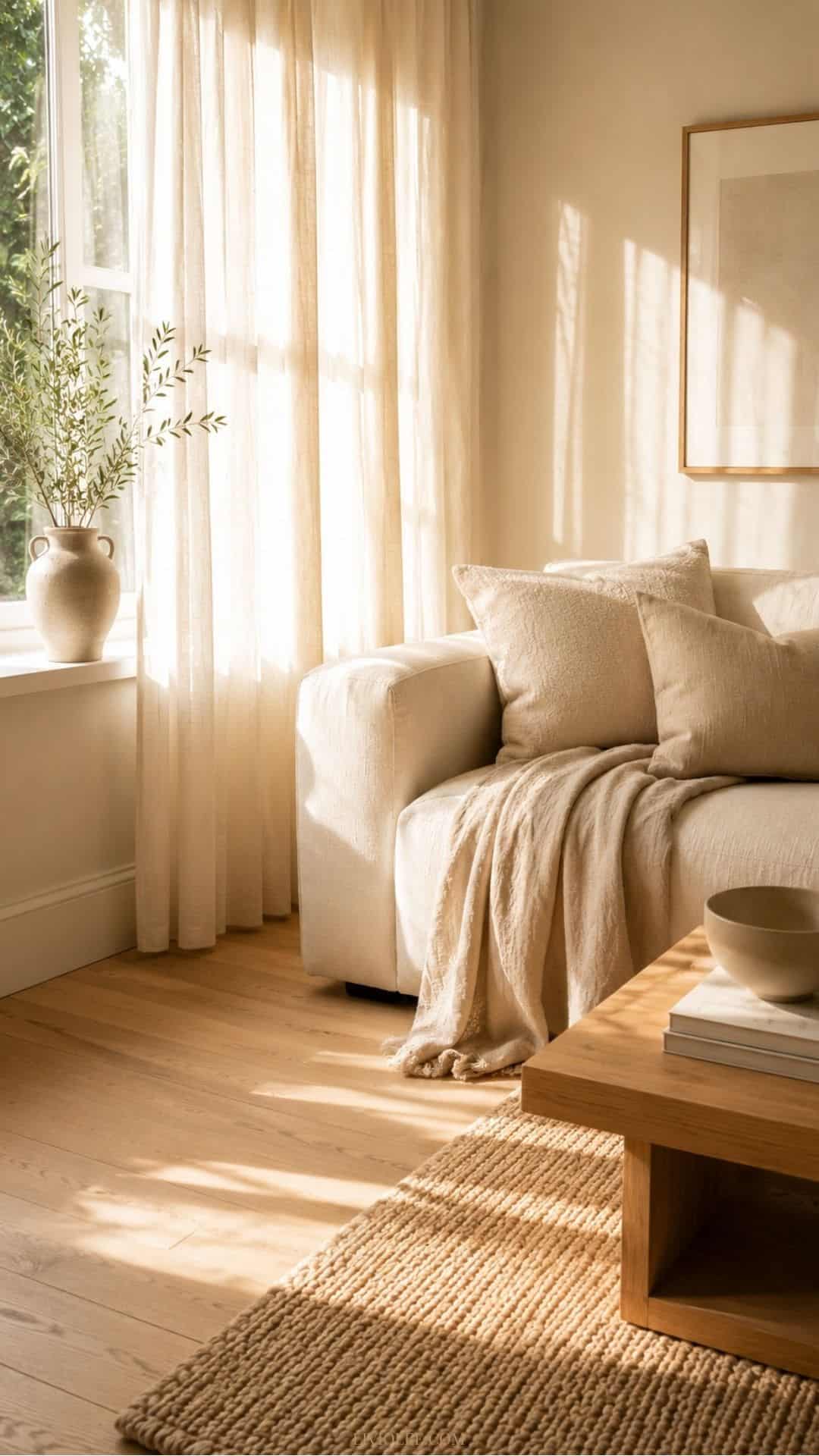 Bright warm minimalist living room with sheer cream linen curtains filtering soft morning sunlight onto a cream linen sofa, pale oak timber floor, woven jute rug, and oak coffee table. A ceramic vase on the windowsill catches the light