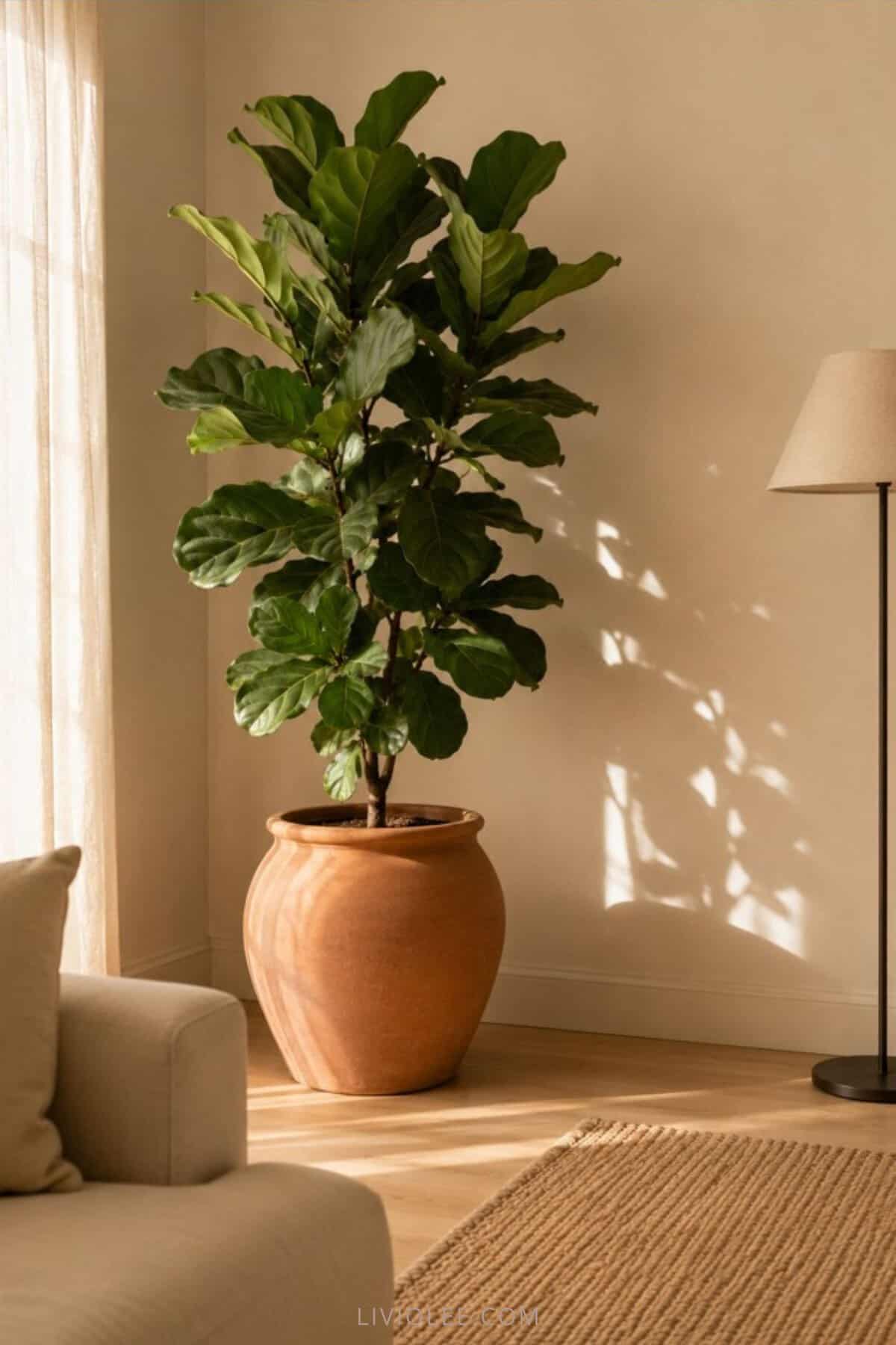 large fiddle leaf fig tree in a matte terracotta pot styled in the corner  A woven jute rug and slim floor lamp complete the calm, uncluttered space