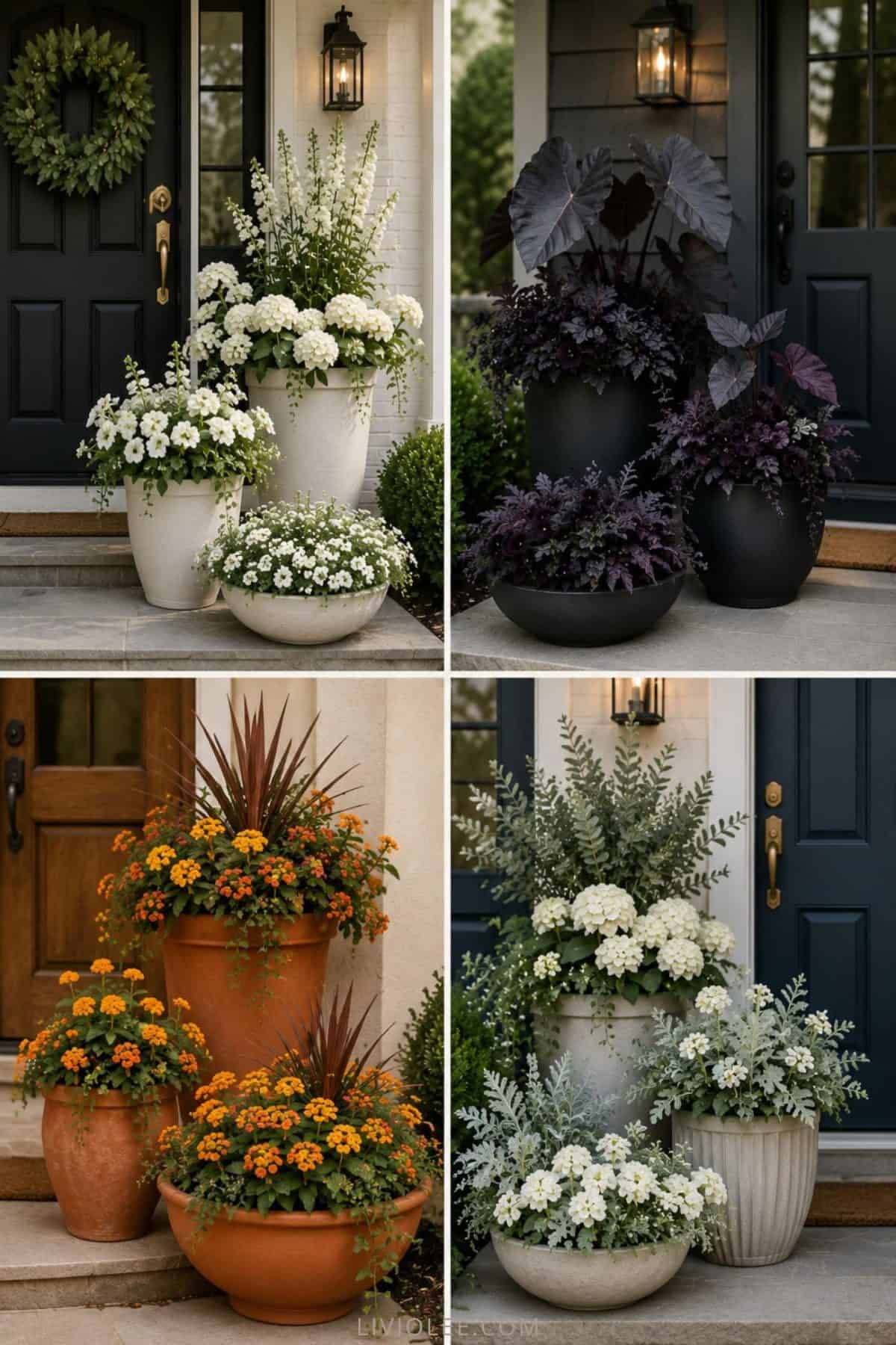 Elegant monochromatic front porch styling with coordinated planters, matching flowers and foliage, layered textures, and a dramatic black front door creating a luxurious designer look.