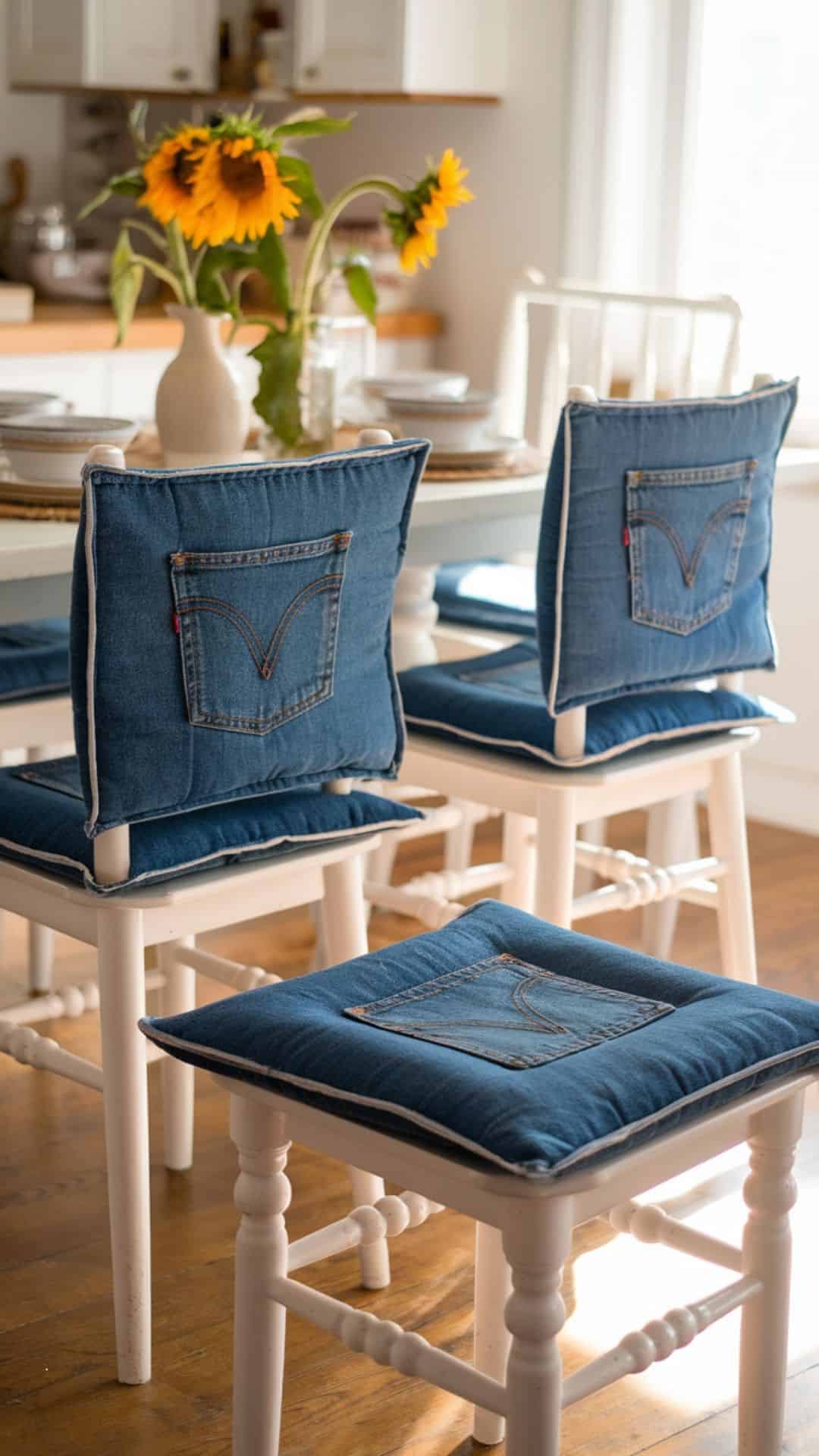 denim pocket front chair cushions made from old jeans