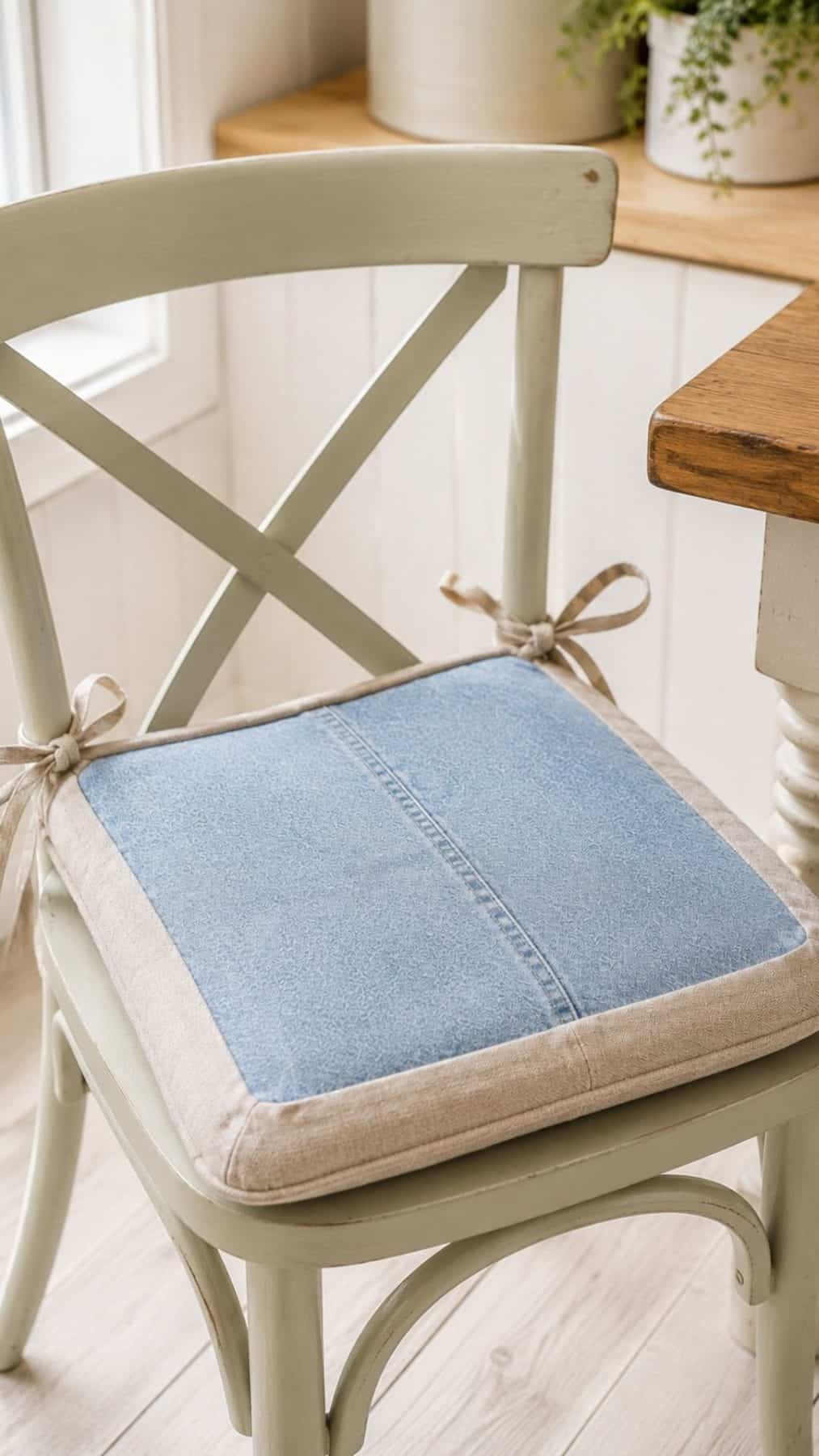 Light-wash denim chair cushion with a natural linen contrast trim and fabric ties, styled on a pale painted dining chair