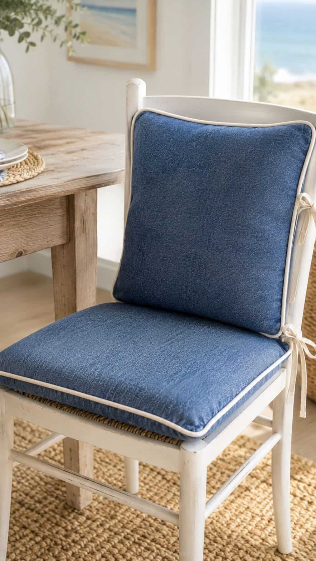 Light-wash denim chair cushion with a natural linen contrast trim and fabric ties, styled on a pale painted dining chair