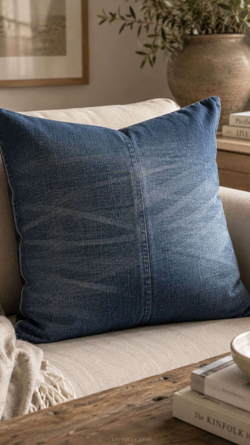 A handmade indigo denim throw pillow with a natural fade pattern