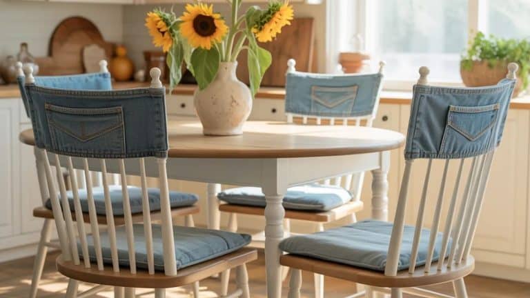 Denim chair cushions made from repurposed jeans on white spindle dining chairs, styled with sunflowers in a cream vase in a bright kitchen.
