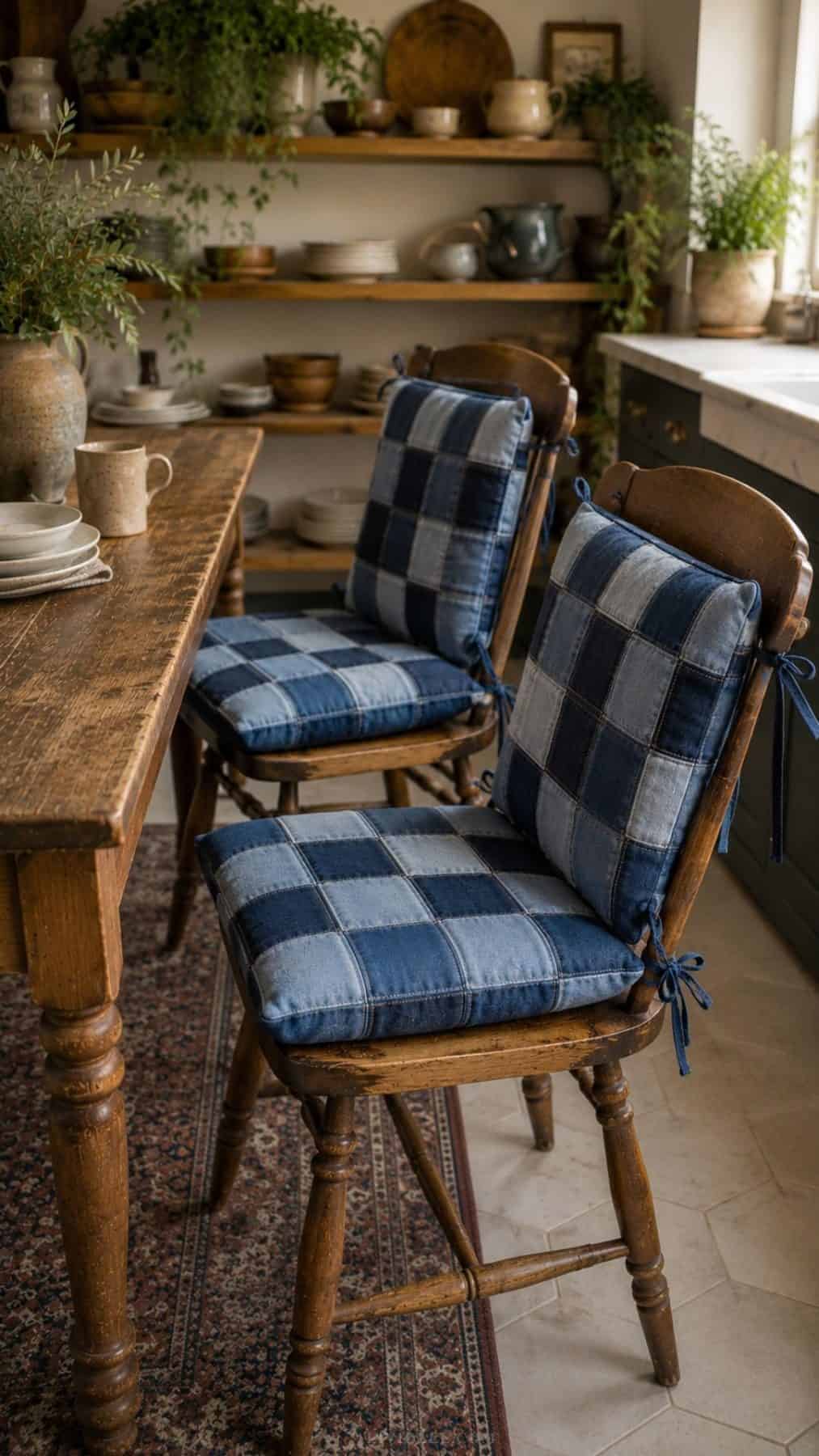 Flat lay of a handmade patchwork denim seat cushion made from denim squares in three washes