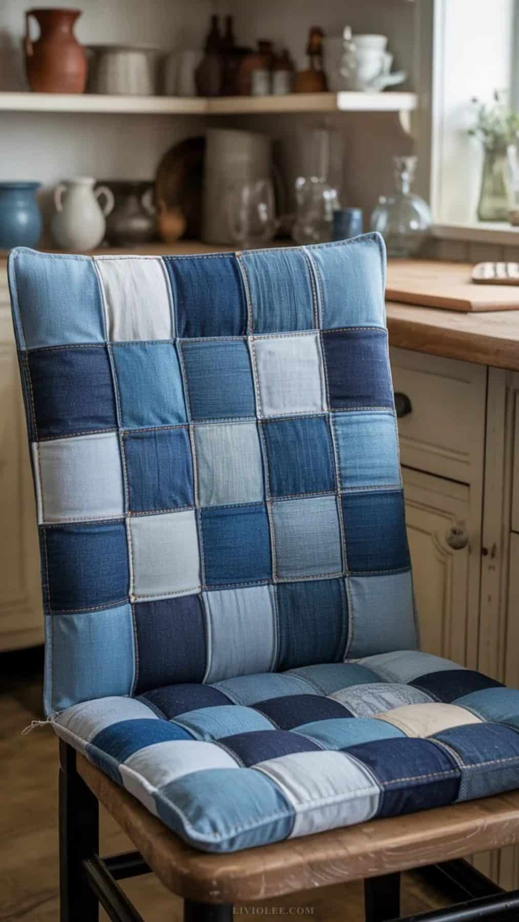 Flat lay of a handmade patchwork denim seat cushion made from denim squares in three washes