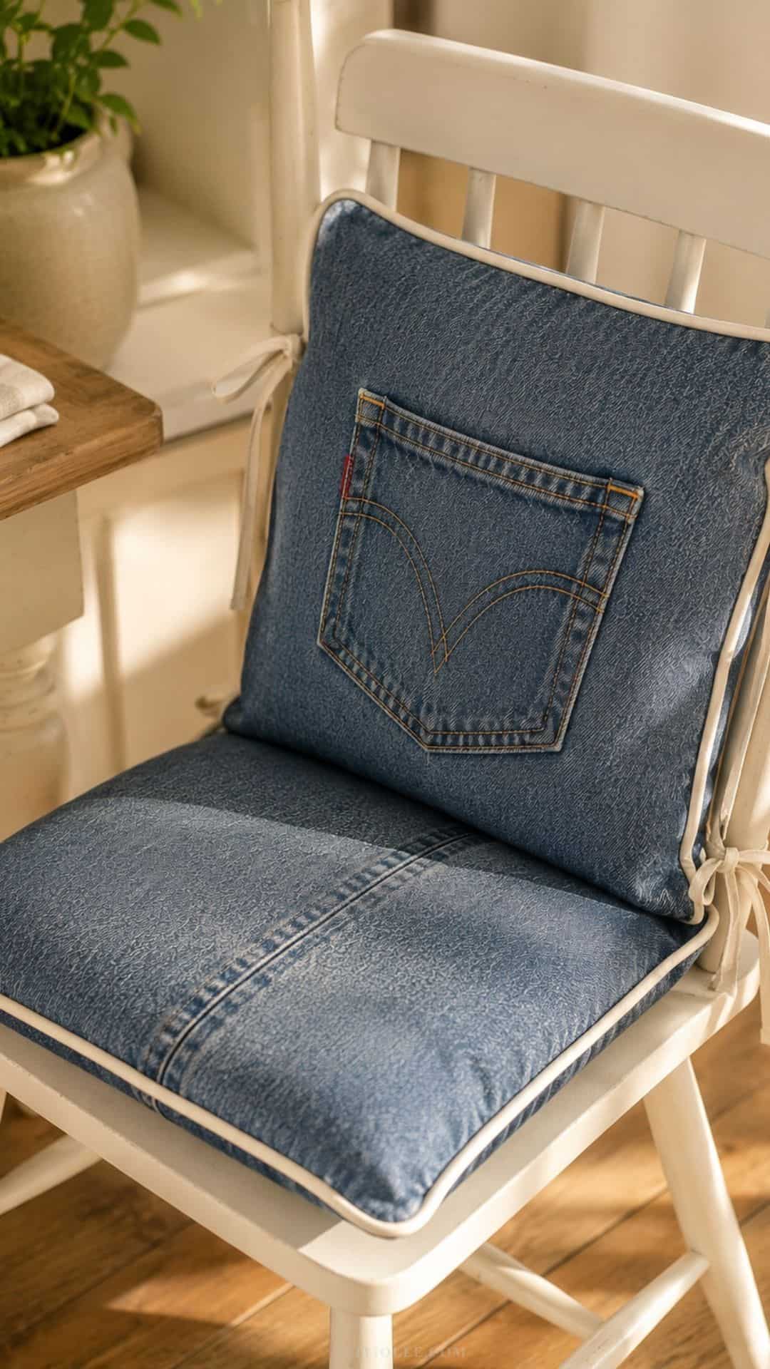 Handmade denim chair cushion with a jeans back pocket as the front detail, cream piping, and linen ties, on a white painted dining chair.