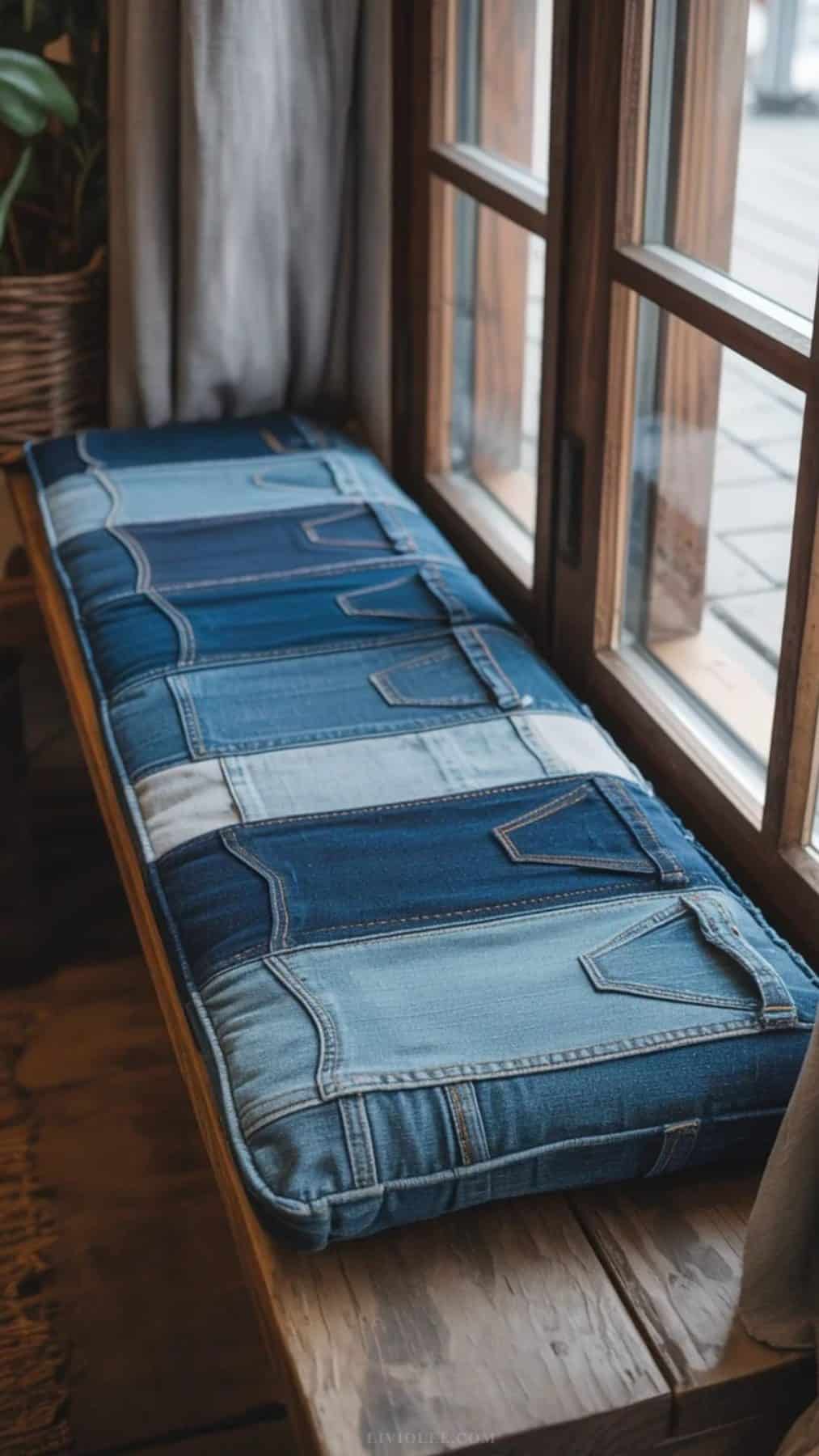 A long handmade denim bench cushion with visible seam topstitching, styled on a white painted bench