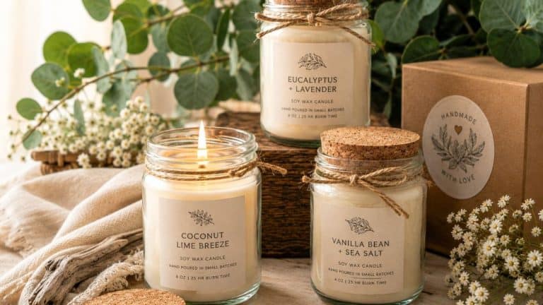Softly styled recycled glass jar candles made with creamy soy wax, twine ties, and cork lids arranged on a rustic wooden surface with eucalyptus branches, linen fabric, seashells, and delicate white flowers