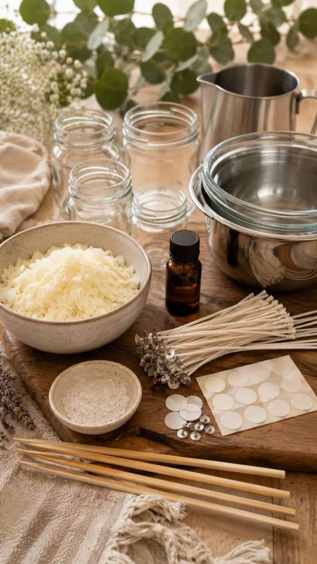 candle-making supplies arranged on a rustic wooden table, including clean glass jars, soy wax flakes, cotton wicks, fragrance oil bottle, wick stickers, skewers, and double boiler bowls