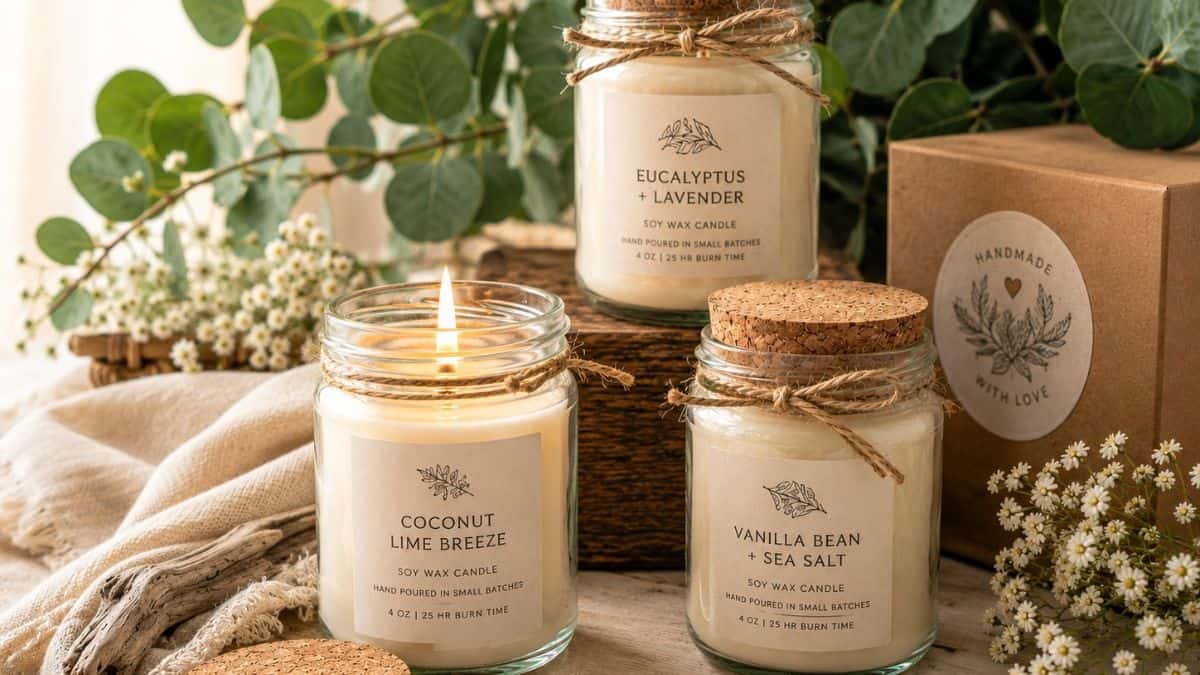 Softly styled recycled glass jar candles made with creamy soy wax, twine ties, and cork lids arranged on a rustic wooden surface with eucalyptus branches, linen fabric, seashells, and delicate white flowers