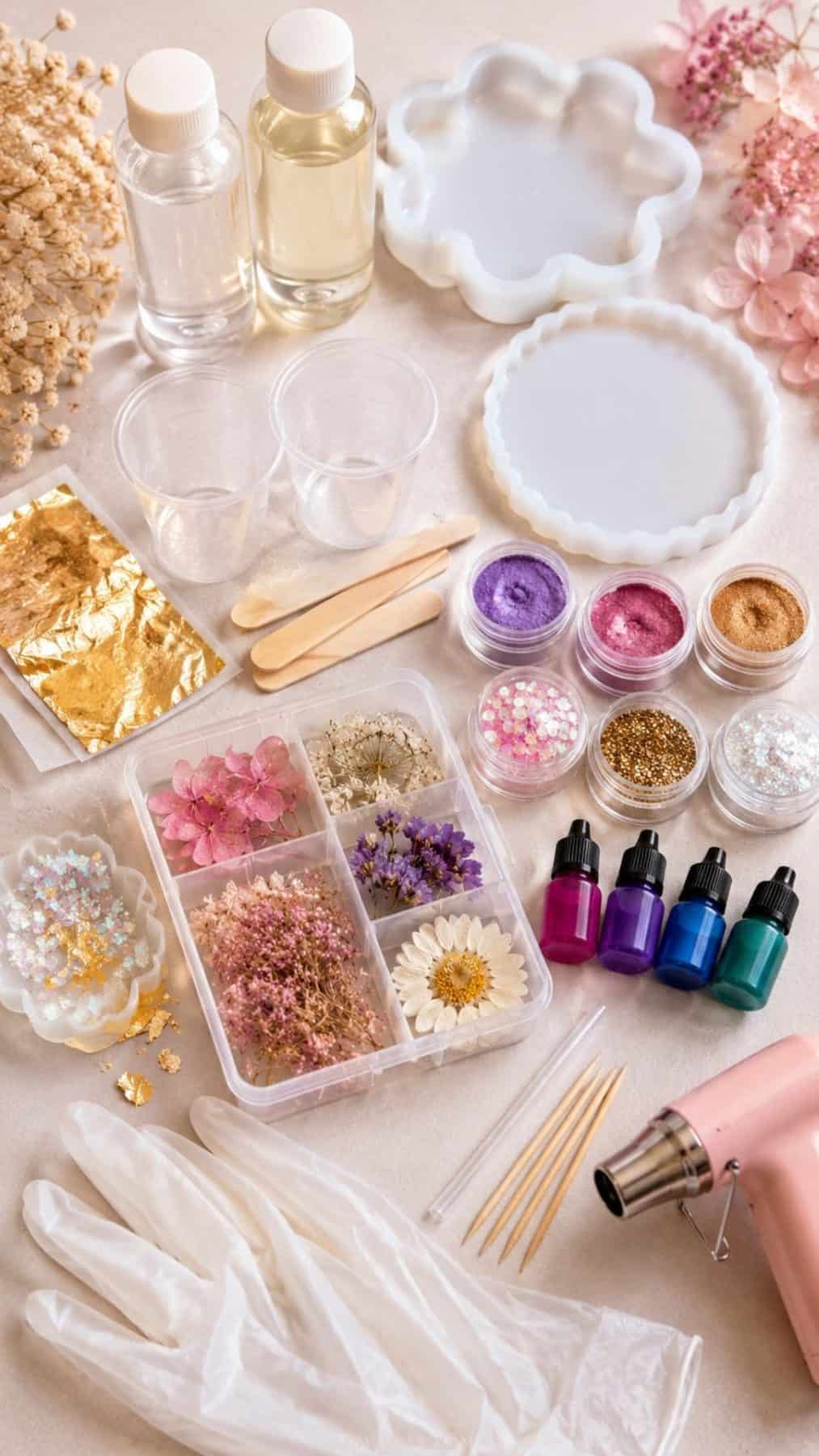 resin craft supplies including epoxy resin bottles, silicone molds, mica powders, glitter, dried flowers, gold leaf, mixing cups, gloves, and a pink heat gun