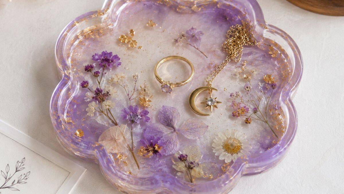 Handmade lavender resin trinket dish with pressed flowers and gold flakes, styled with delicate jewelry, dried florals, and a bubble candle in a soft neutral setting.