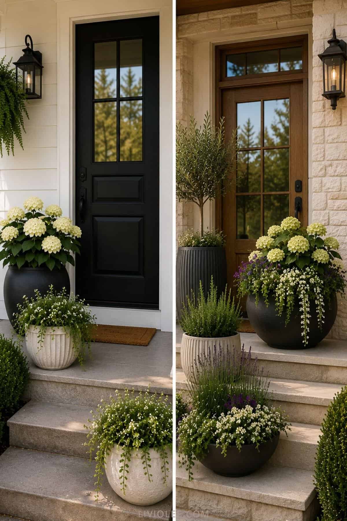 Side-by-side image of two stylish front porches with different planter scales, featuring black and wood front doors, layered flower pots, greenery, and elegant curb appeal styling.