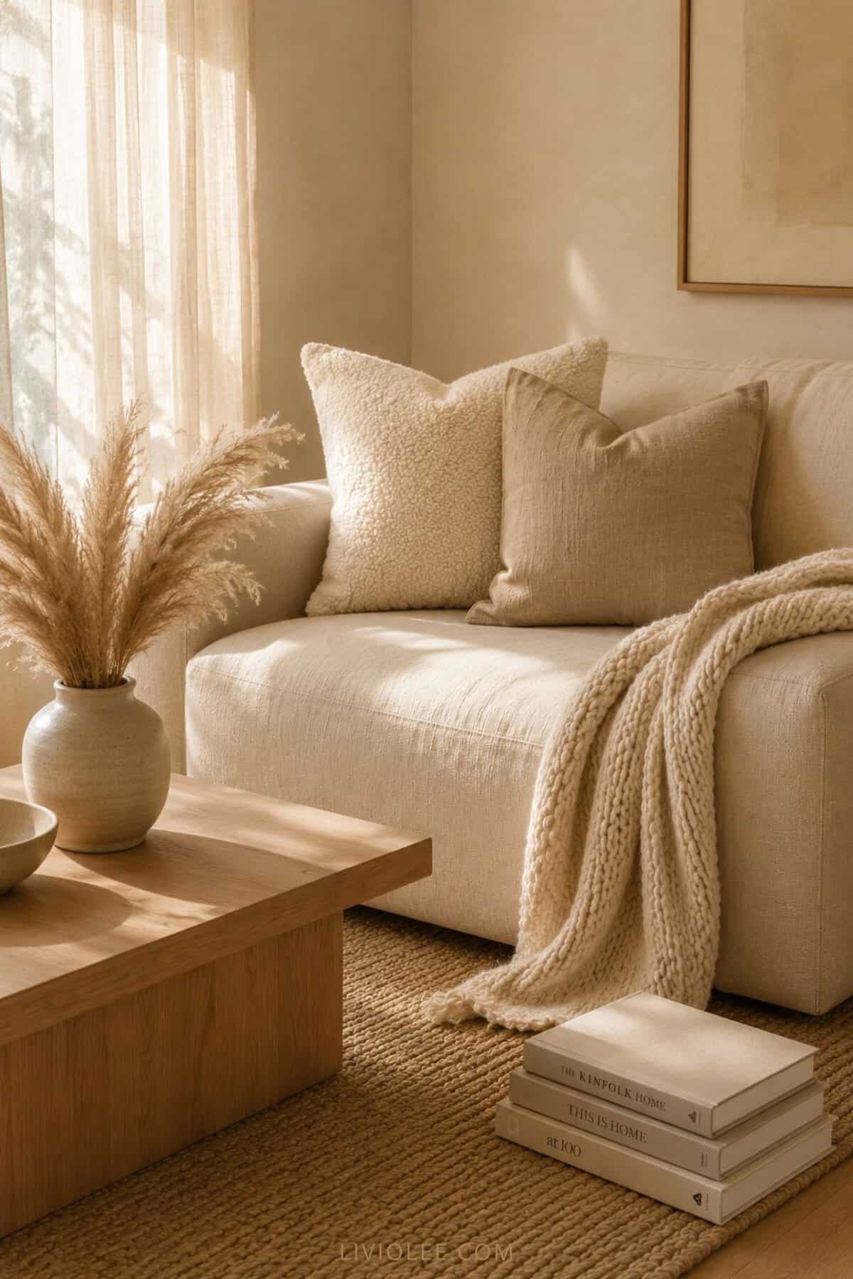 Warm minimalist living room corner featuring a cream linen sofa with a chunky knit throw, boucle and linen cushions, a light oak coffee table, a ceramic vase filled with dried pampas grass, stacked neutral-toned books on a jute rug