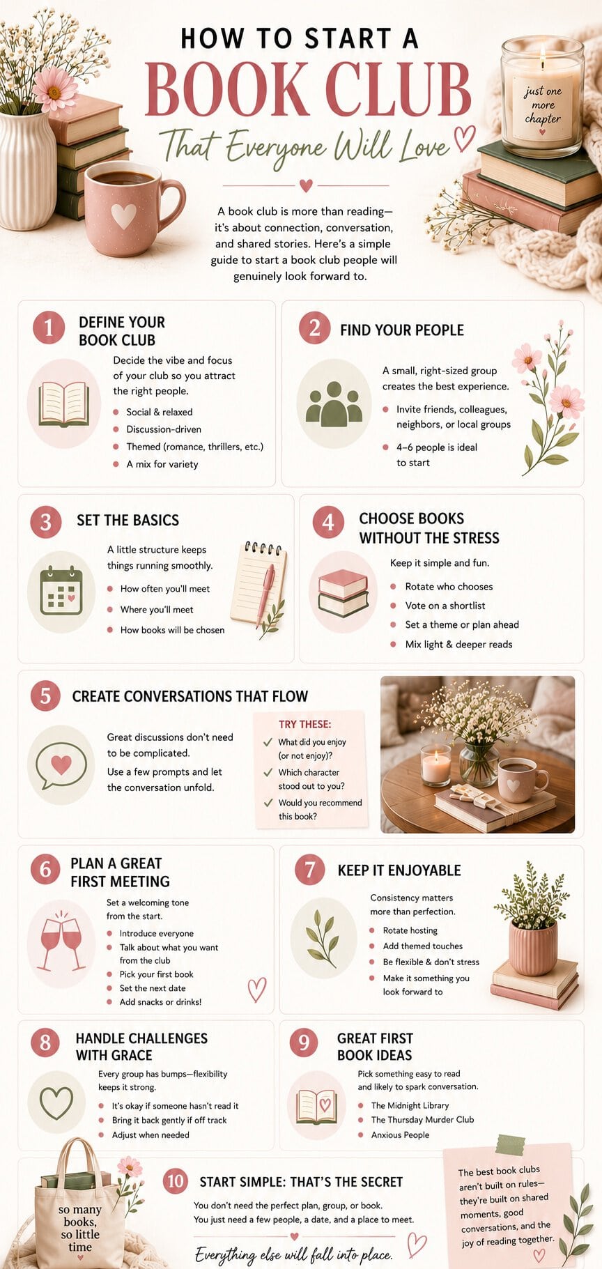 cozy books, candles, flowers, coffee mugs, and pastel pink and sage green accents with simple step-by-step tips for creating a welcoming book club