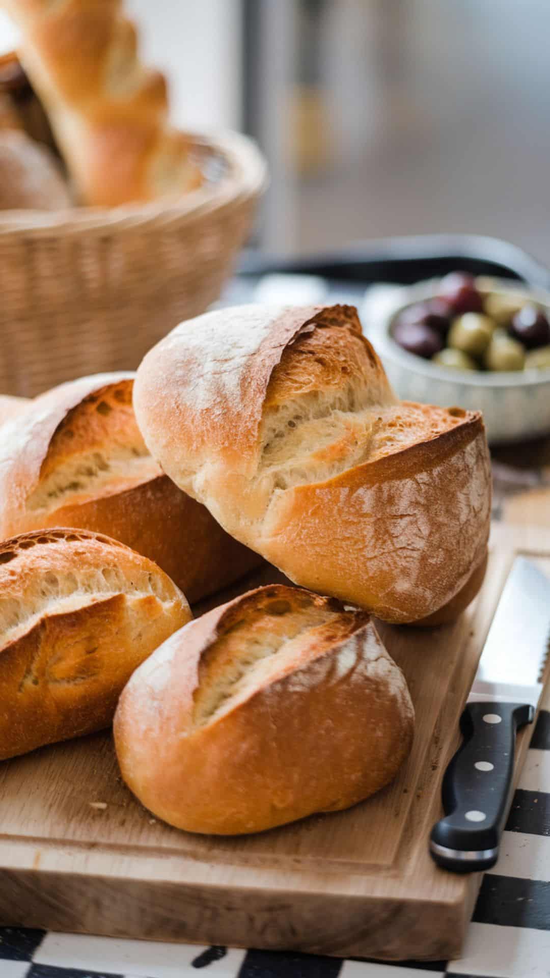 A collection of freshly baked breads on a wooden board