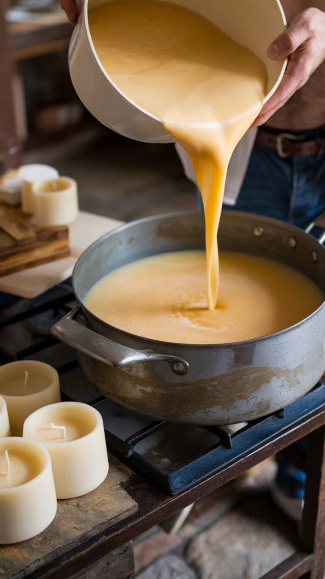 pouring melted beef tallow into candle mixture