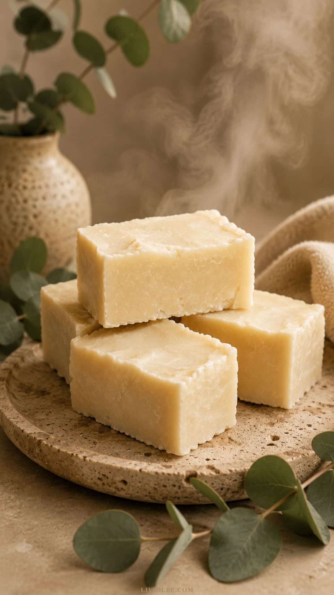 Rough-cut rectangular beef tallow shampoo bars stacked on a rustic wooden tray with eucalyptus leaves, soft linen fabric