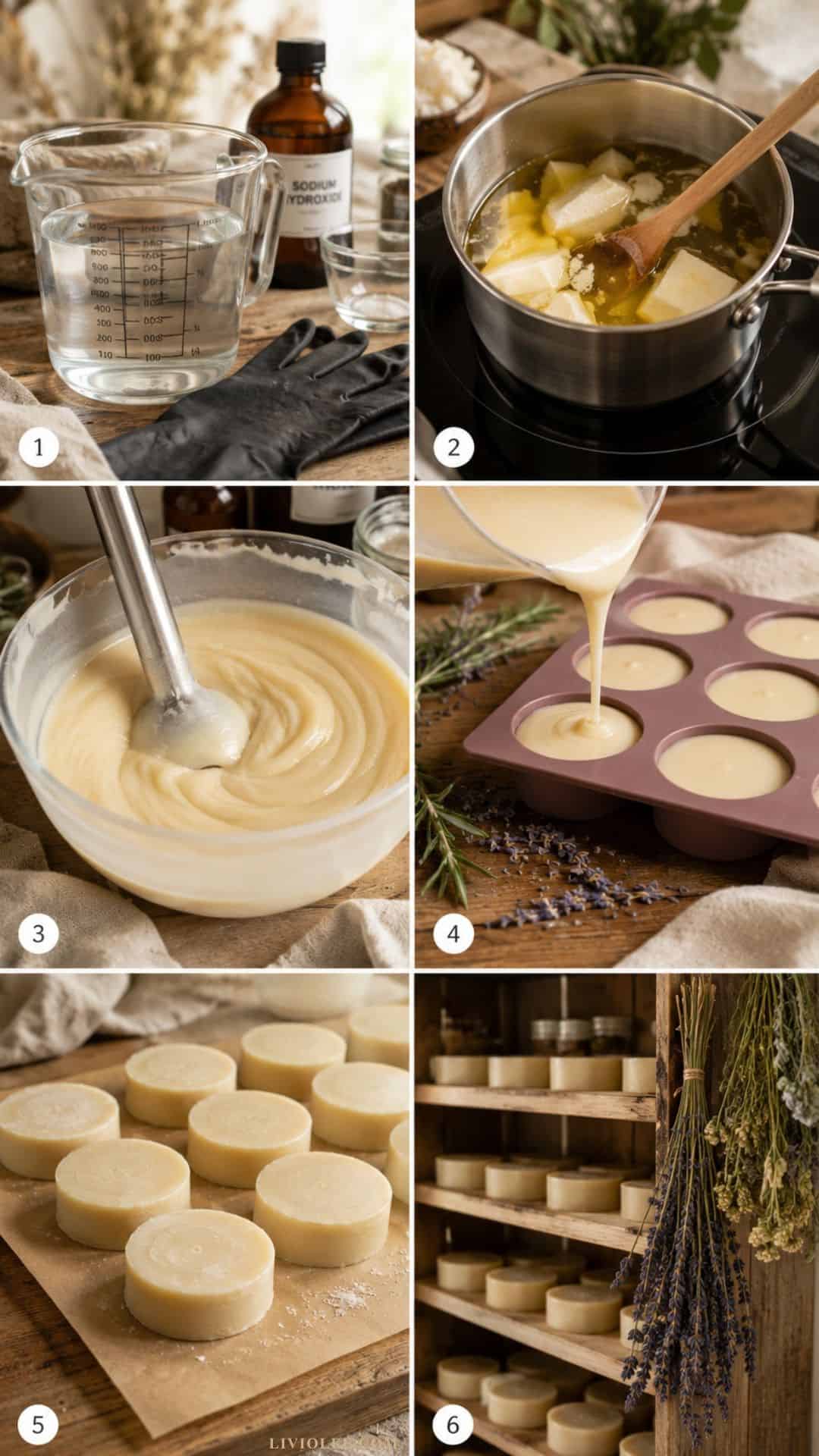 Step-by-step collage showing the handmade beef tallow shampoo bar process from mixing ingredients to curing finished shampoo bars on wooden shelves.