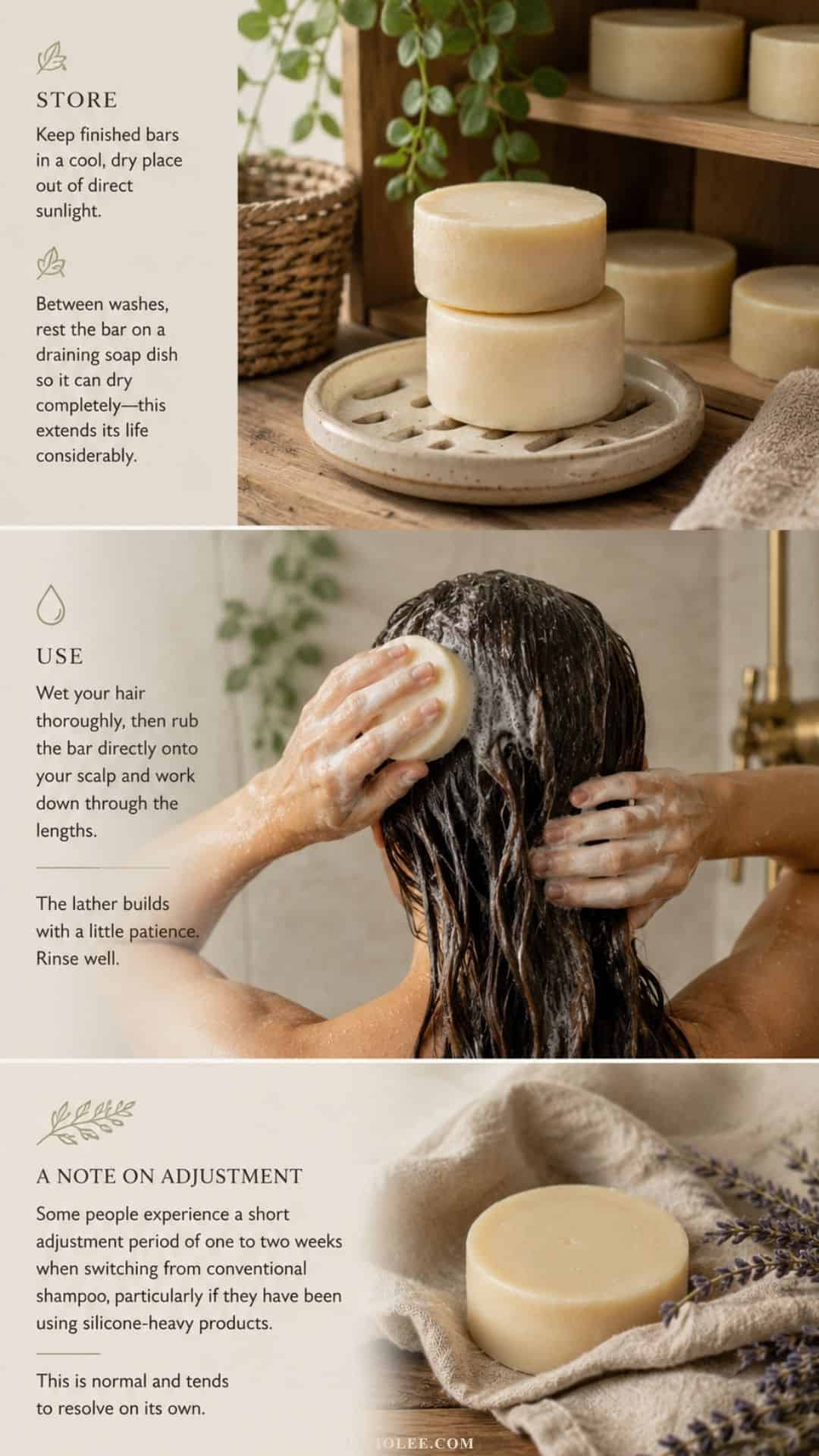 Collage showing how to store and use handmade beef tallow shampoo bars, including soap bars drying on a dish and hair washing with creamy lather.