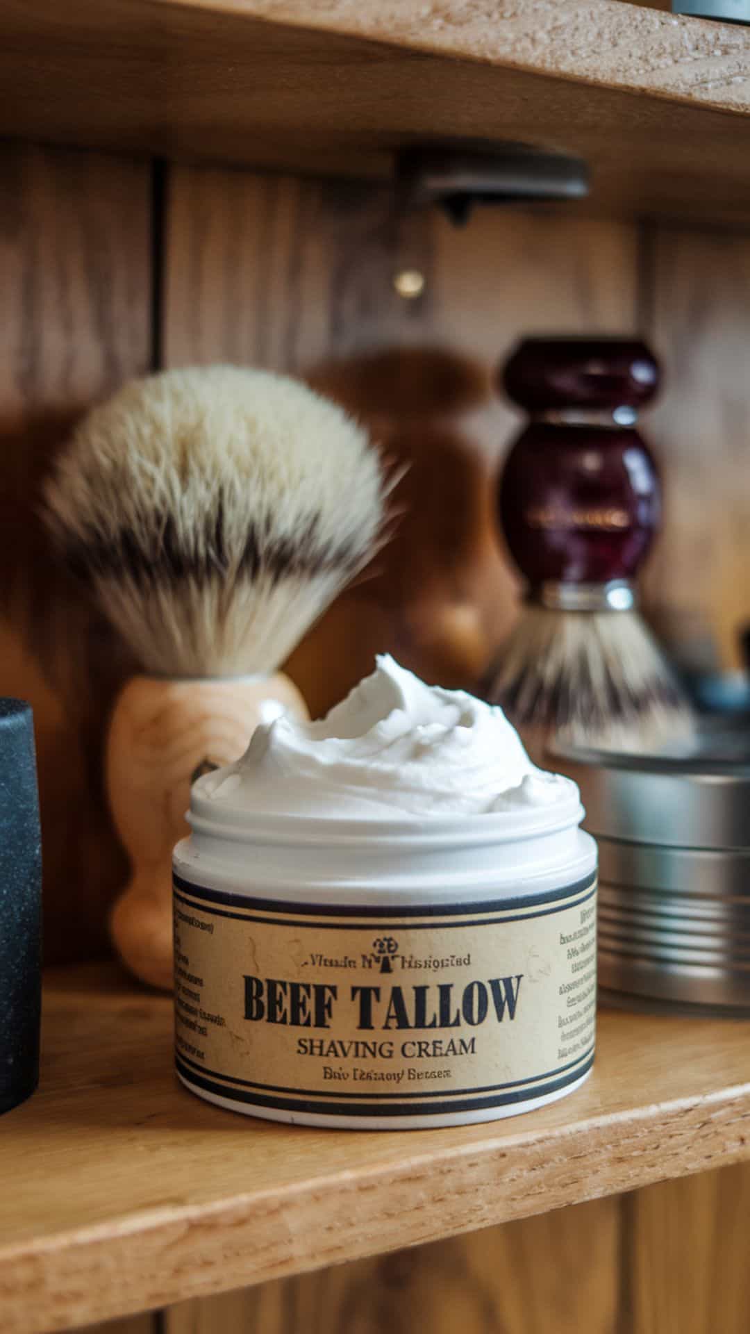 A jar of shaving tallow with a soft cream inside, surrounded by a shaving brush and razor
