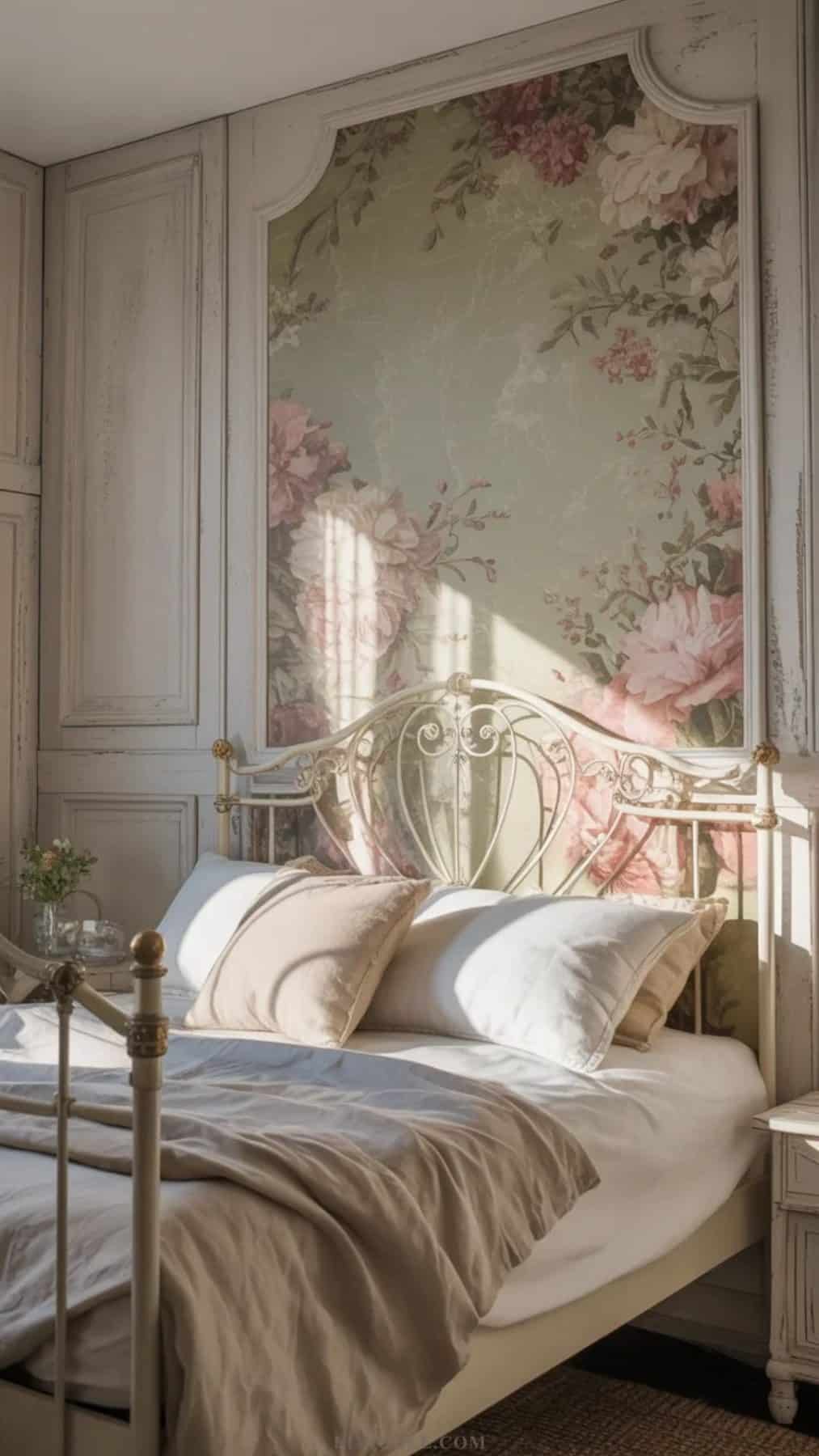 Dusty rose floral wallpaper accent wall behind bed in vintage shabby chic bedroom