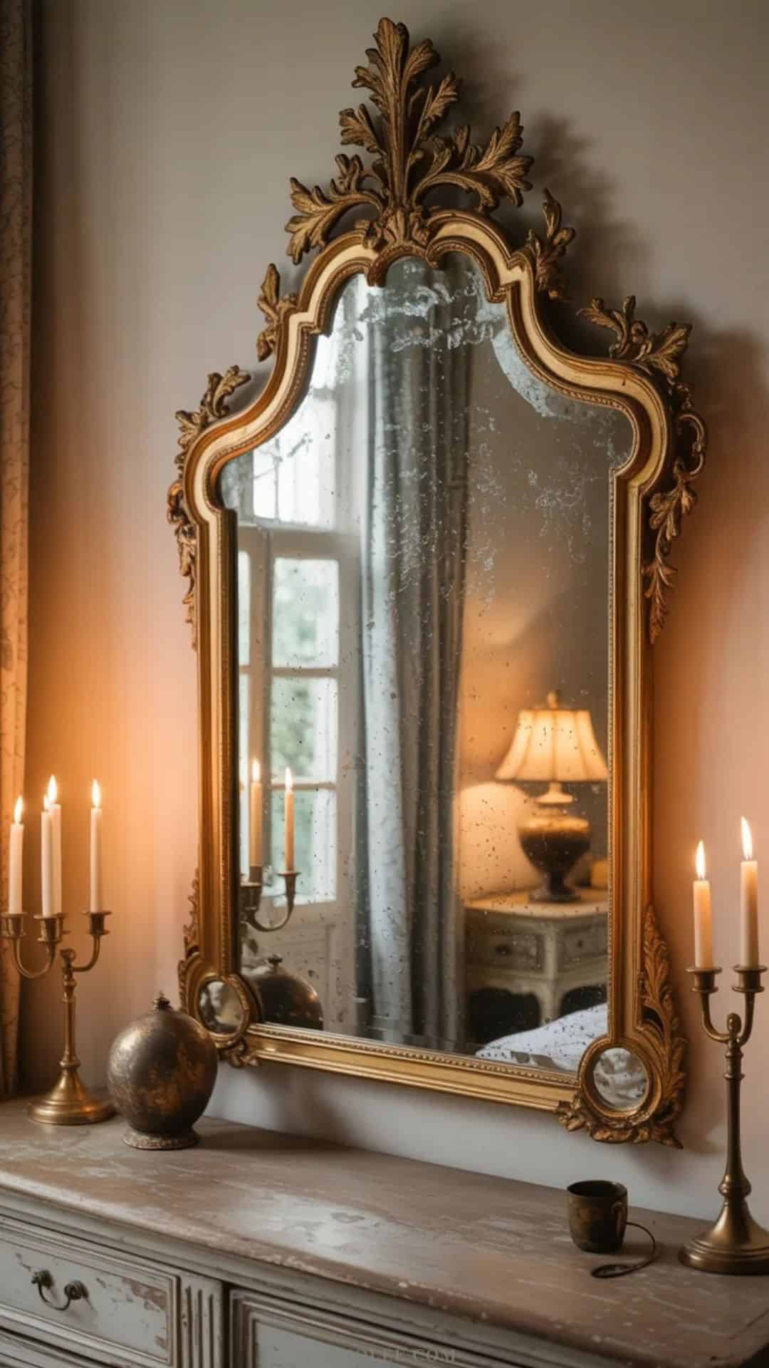 Ornate gilded antique mirror above dresser in a vintage shabby chic bedroom
