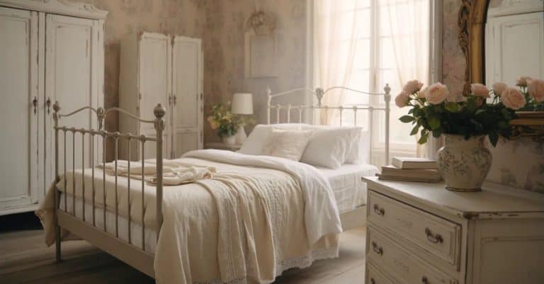 vintage shabby chic bedroom with wrought iron bed, ivory linen, and morning light