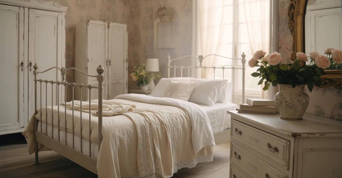 vintage shabby chic bedroom with wrought iron bed, ivory linen, and morning light