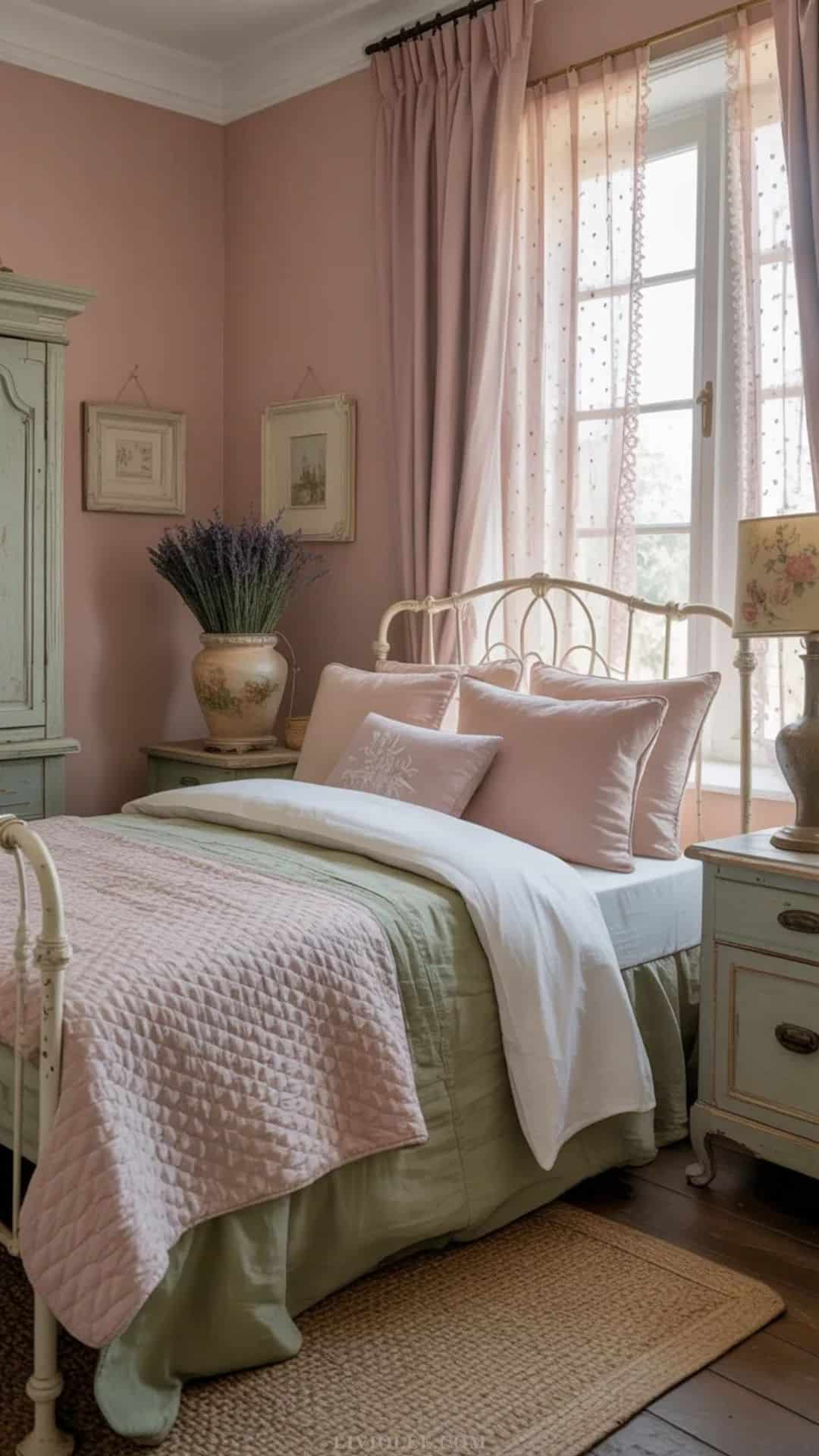 Vintage shabby chic bedroom with wrought iron bed, blush floral wallpaper, and morning light