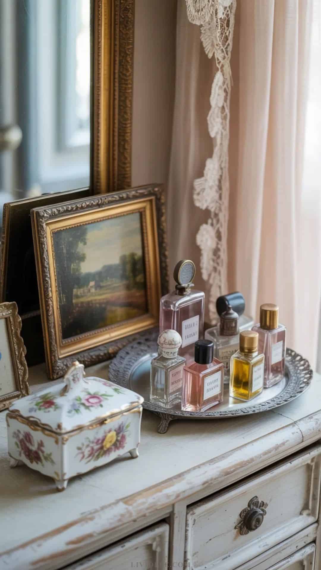 Vintage eclectic dresser vignette with antique frames, roses, and mismatched trinkets