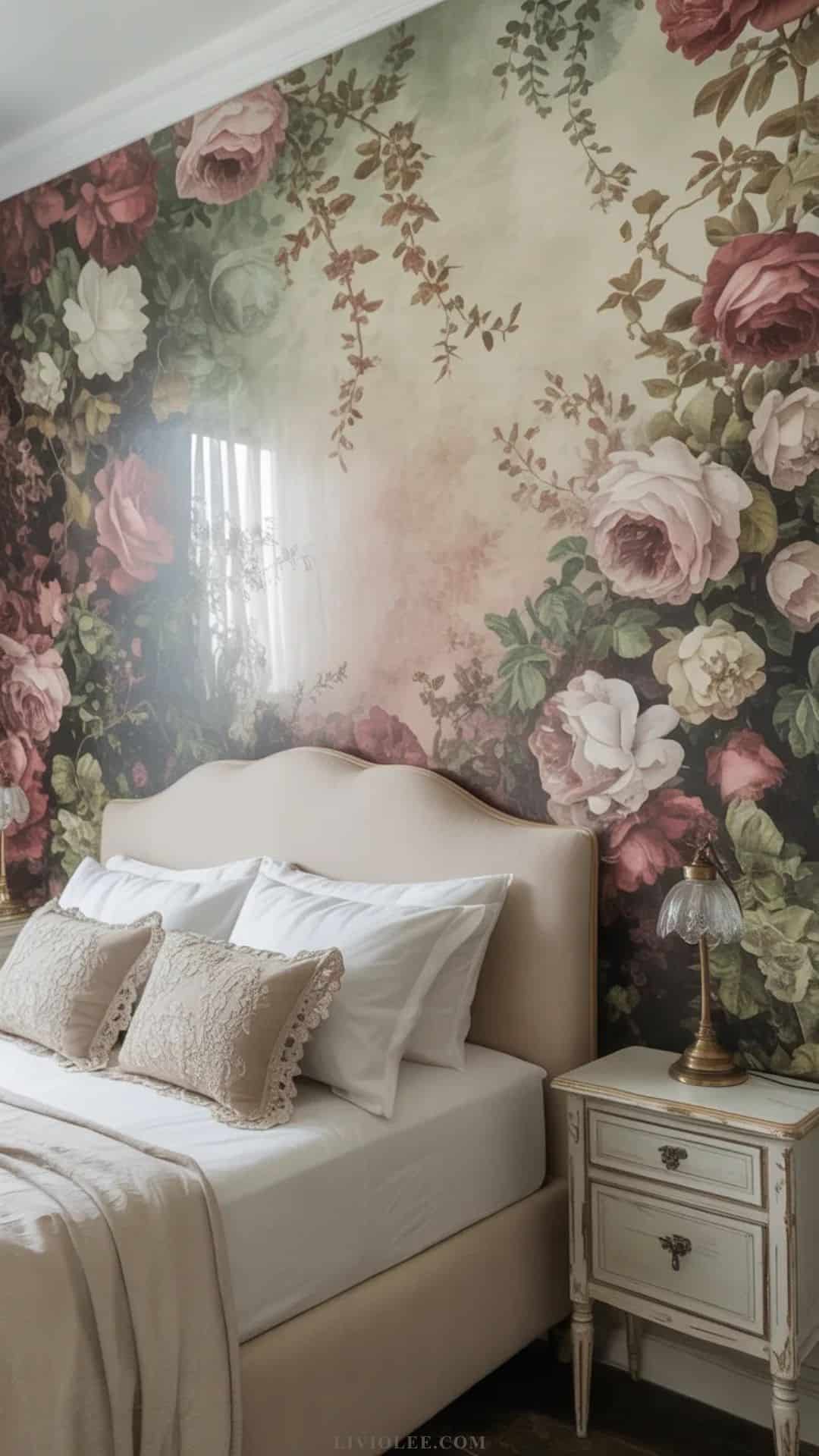 Vintage shabby chic bedroom with faded floral wallpaper accent wall behind the bed