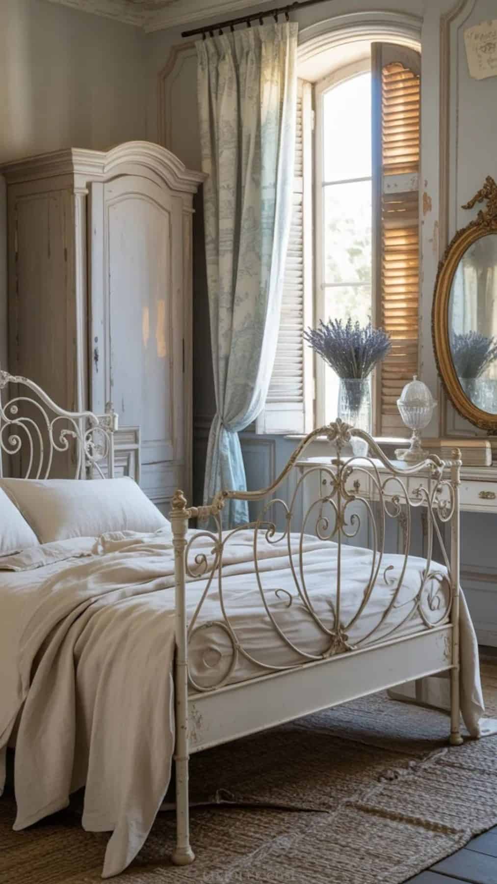 Layered vintage shabby chic bed with ivory linen, lace pillowcases, and dried lavender