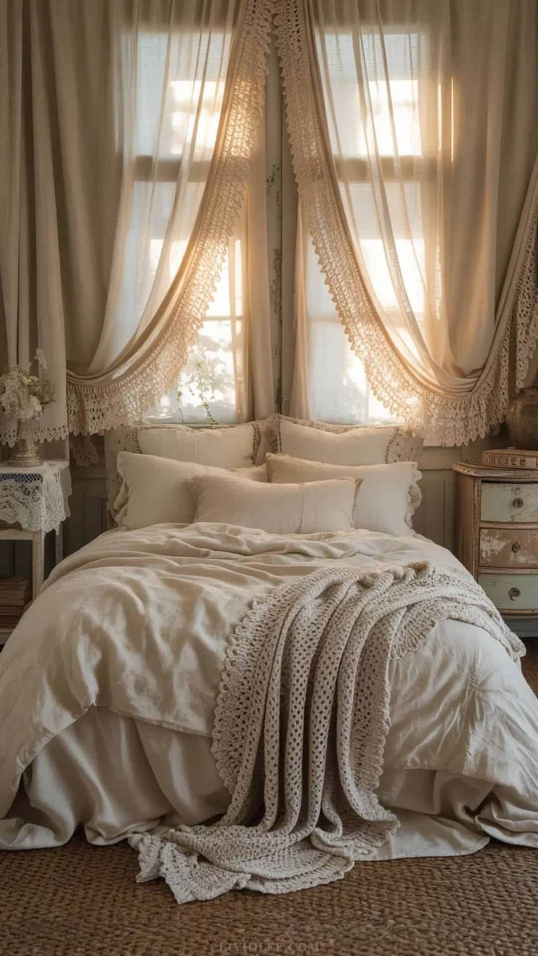Soft lace curtains and layered linen bedding in a vintage shabby chic bedroom