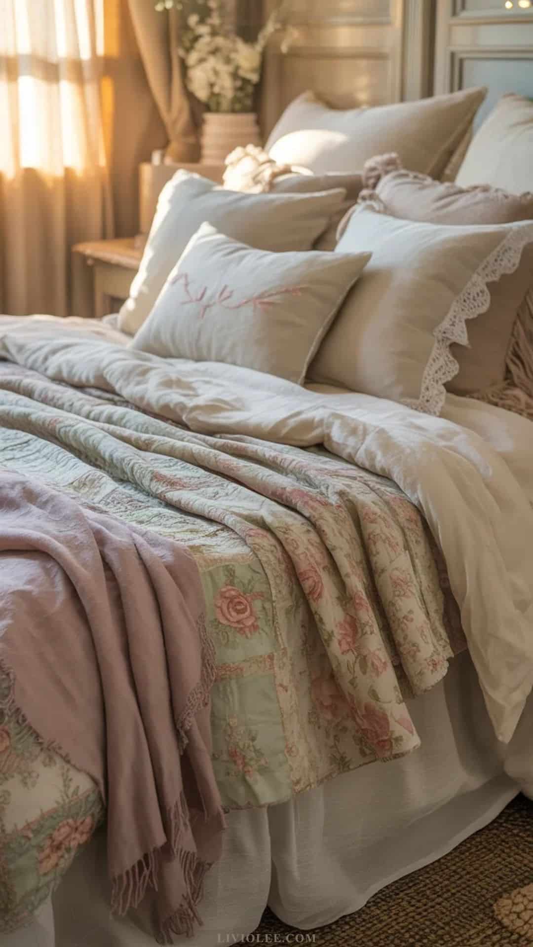 Vintage shabby chic bed layered with linen duvet, floral quilt, and lace-edged pillows