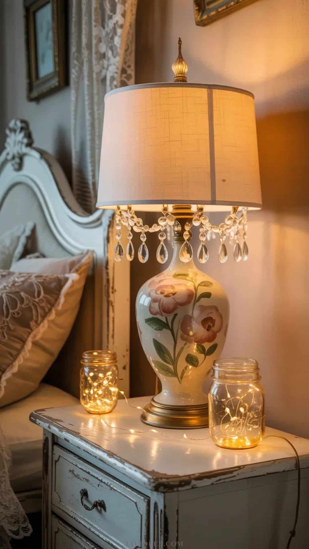 Warm vintage table lamp with ceramic floral base on nightstand in shabby chic bedroom