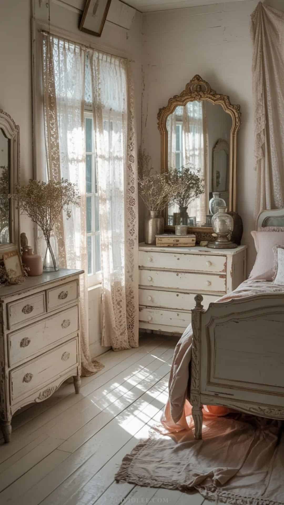 Airy vintage shabby chic bedroom with sheer lace curtains
