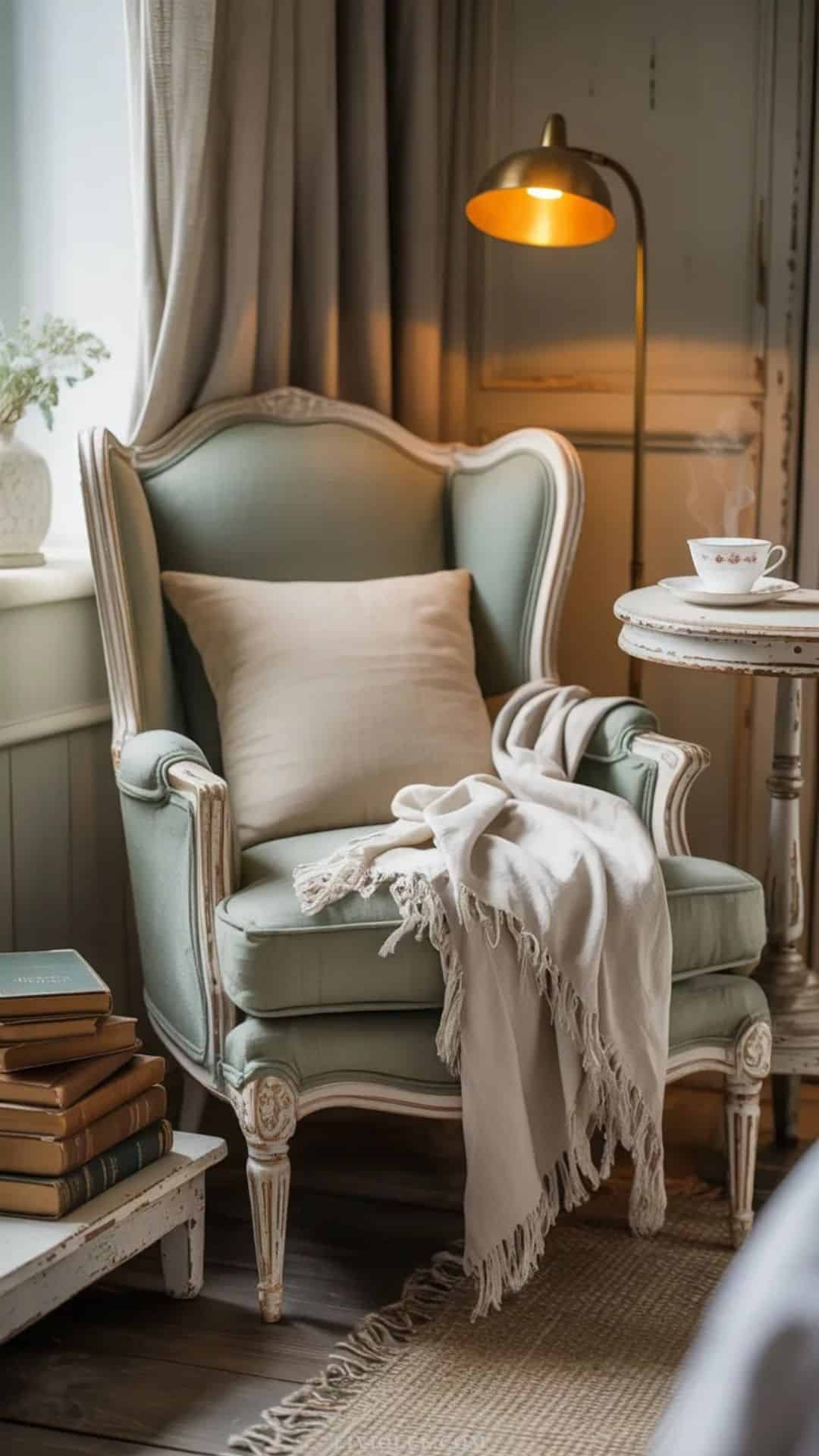 Vintage armchair with linen cushions and warm lamp in a shabby chic bedroom reading nook