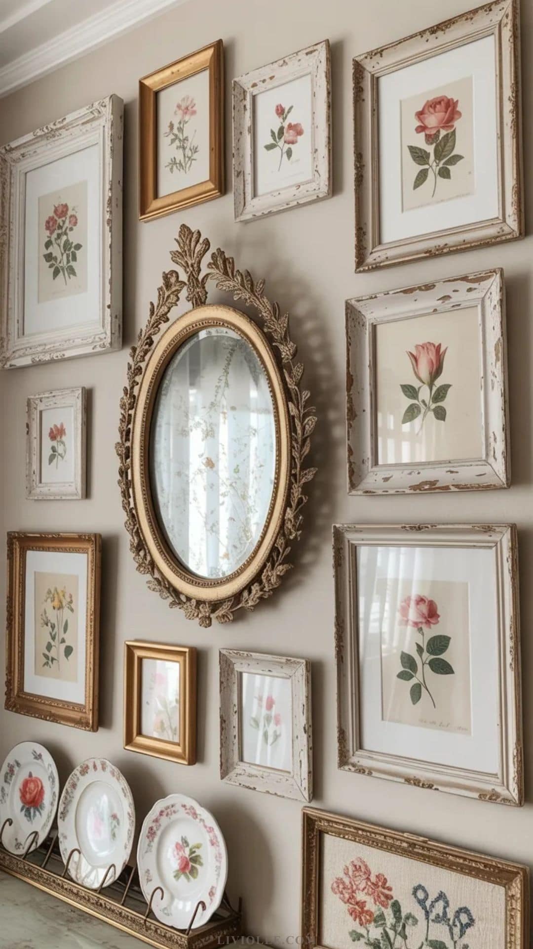 Gallery wall of botanical prints in mismatched vintage frames in shabby chic bedroom

