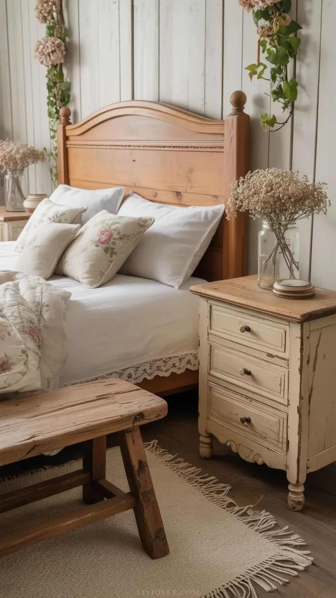 Warm vintage farmhouse wooden bed frame and nightstand in shabby chic bedroom