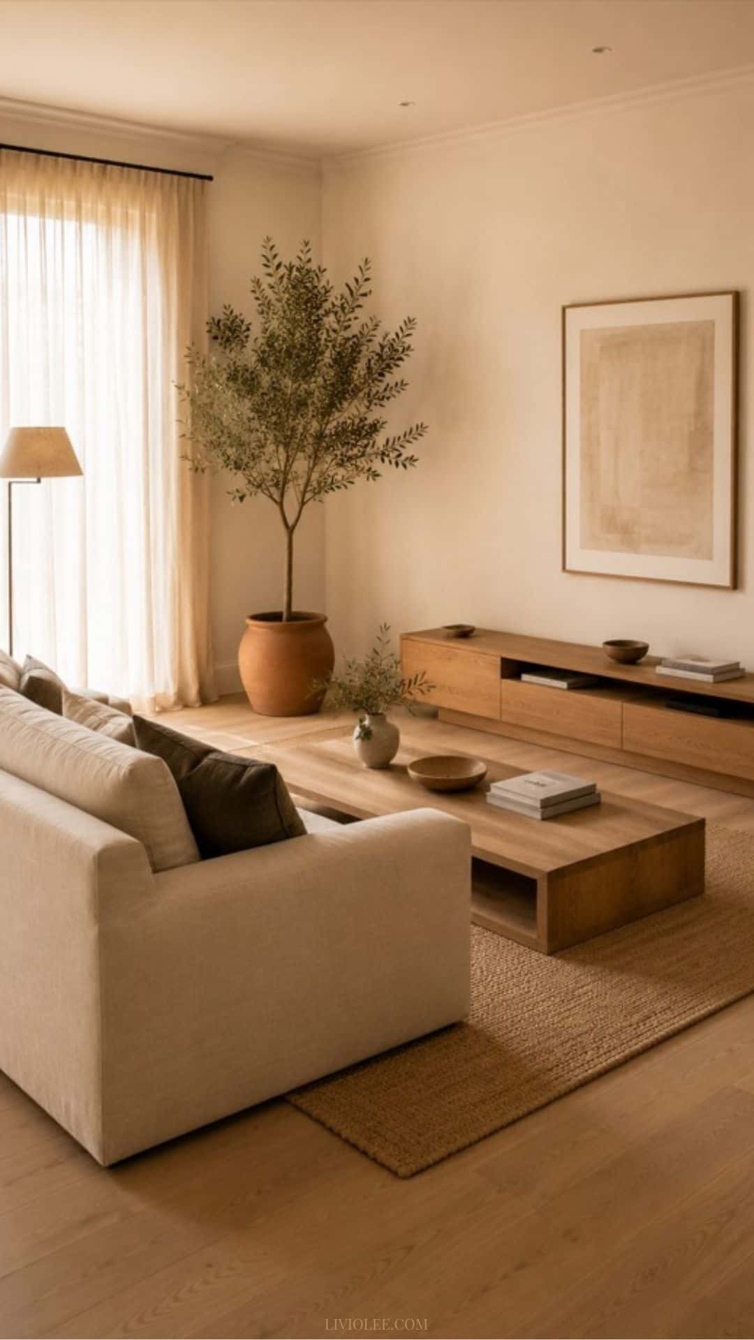 Warm minimalist living room with an oatmeal linen sofa facing a low oak coffee table, a slim floor lamp with a linen shade, a warm oak media unit, and a large olive tree in a terracotta pot
