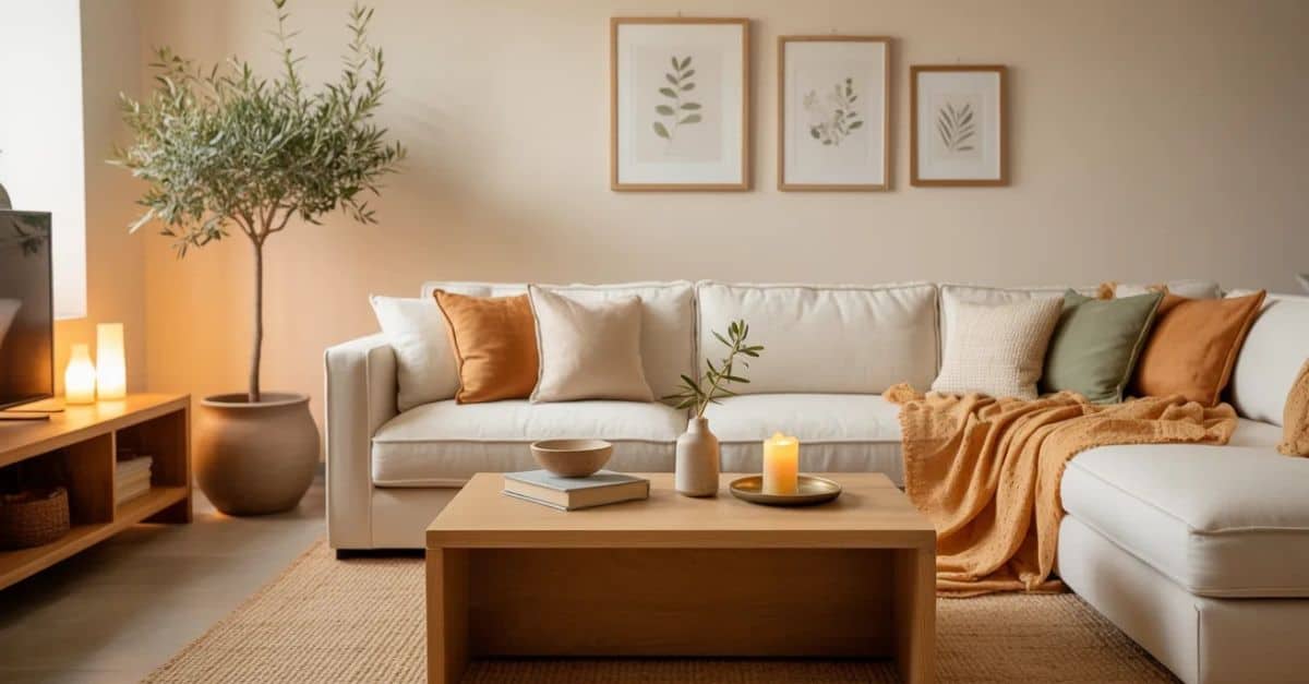 warmly decorated minimalist living room in neutral colors