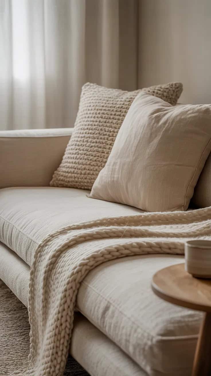A styled corner of a warm minimalist living room. A linen sofa with a chunky wool throw draped over one arm.