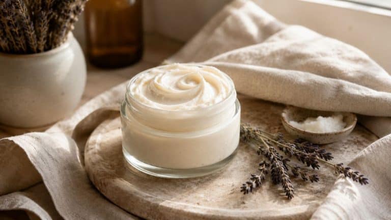 Glass jar of light whipped tallow lotion with an airy whipped texture styled on a stone tray with soft linen fabric, dried lavender, and warm natural light in a calm spa-inspired setting.