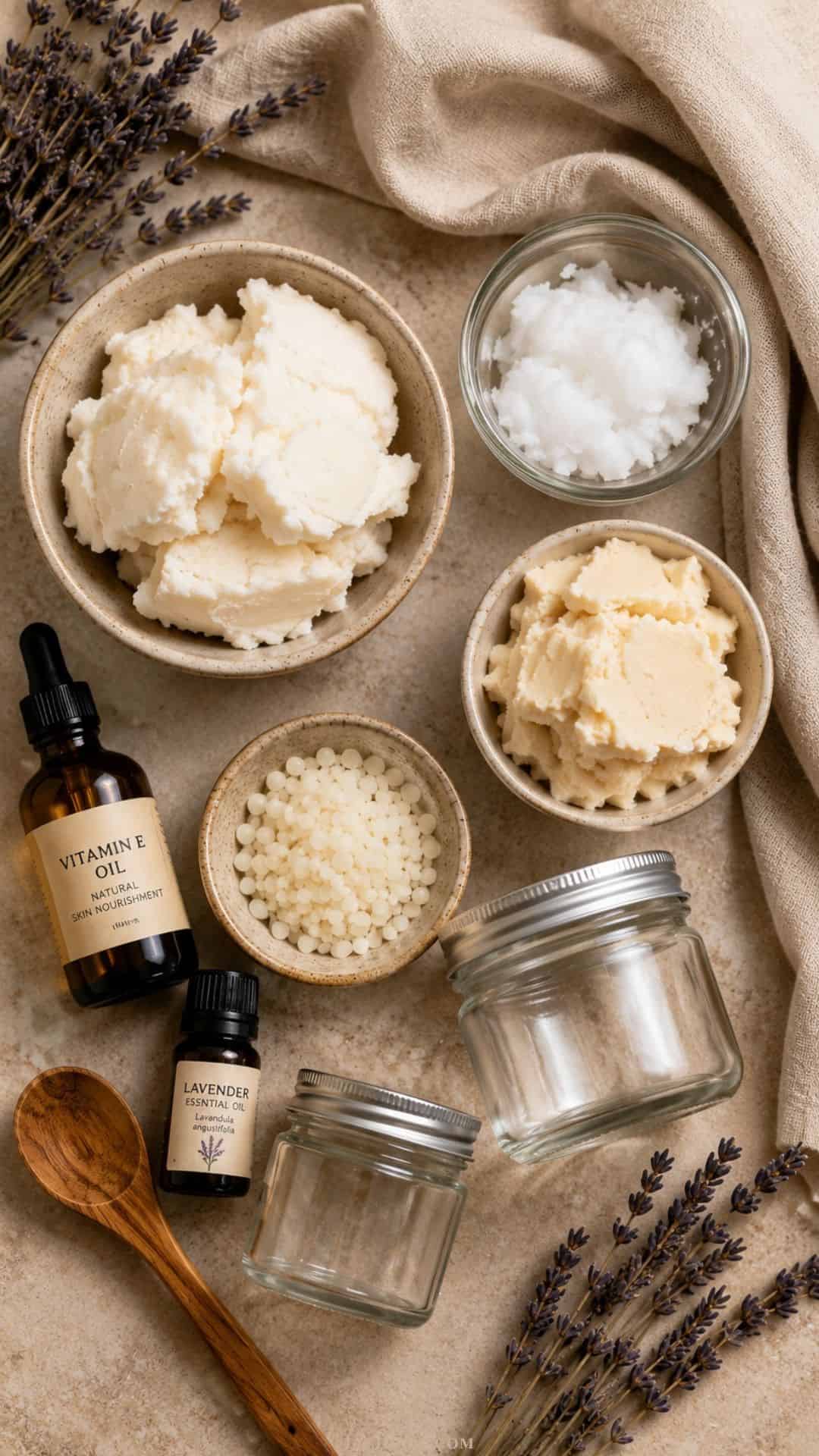 DIY whipped tallow lotion ingredients arranged on a warm neutral surface with linen fabric, featuring bowls of beef tallow, shea butter, coconut oil, beeswax pellets, lavender essential oil, vitamin E oil, glass jars, dried lavender, and a wooden spoon