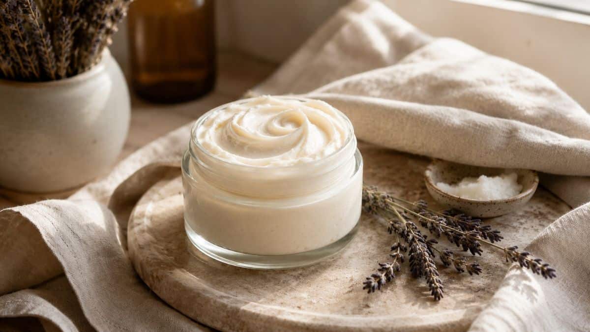 Glass jar of light whipped tallow lotion with an airy whipped texture styled on a stone tray with soft linen fabric, dried lavender, and warm natural light in a calm spa-inspired setting.
