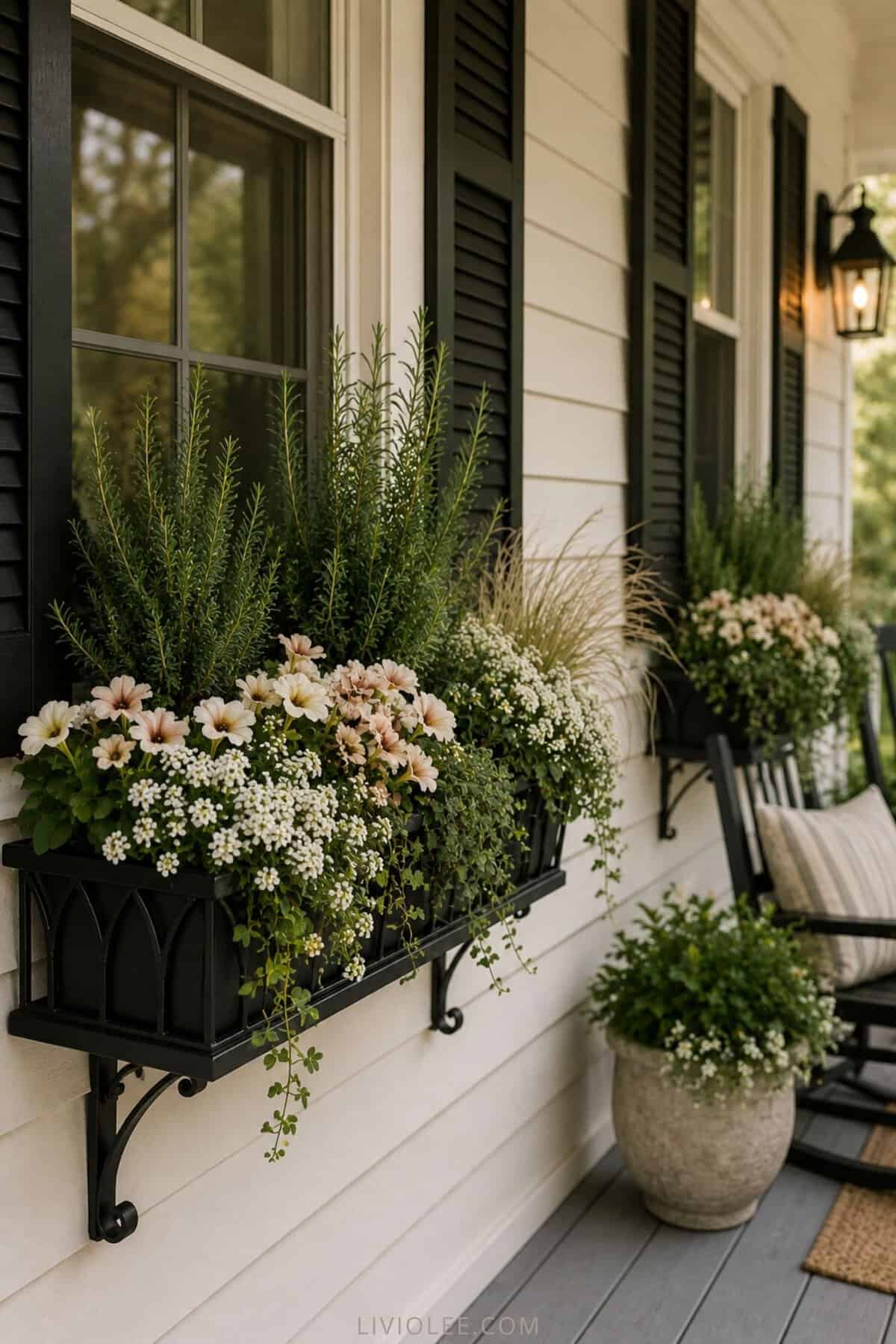 Black wrought-iron window boxes filled with rosemary, trailing white flowers, ornamental grasses, and greenery on a cozy farmhouse-style front porch with black shutters and rocking chairs.