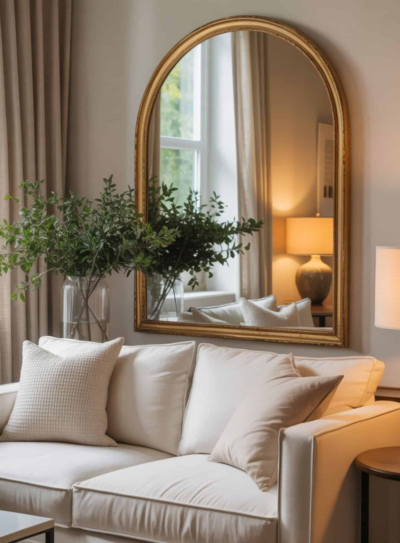 comfortable cream-colored sofa sits beneath a stunning arched gold mirror
